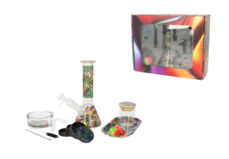 Super Heroes Set: Bong H.20cm, Ø5cm,+Metallgrinder 4tlg Ø5cm+Glasfeife+Storage+Tray+Ascher Hanf bunt