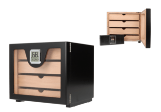 Angelo Humidor Cabinett M, schwarz, 24,5x 23x 22cm, Polymer Befeuchter, Hygrometer, 4 Schubläden