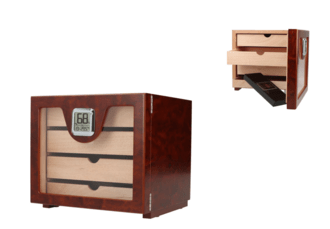 Angelo Humidor Cabinett braun M, 25x23x22 cm, Polymer Befeuchter, Hygrometer, 4 Schubläden