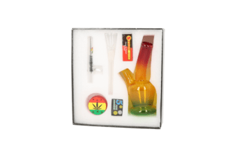 Super Heroes Set: Mini Glasbong H.16,5cm Rasta+Grinder 2tlg. Ø4cm+Glaspfeife 10cm+Siebe