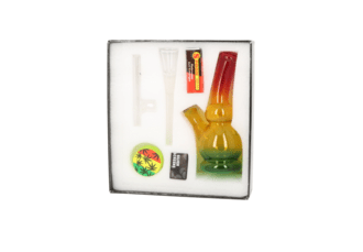 Super Heroes Set: Mini Glasbong H.17cm Rasta+Grinder 2tlg. Ø4cm+Glaspfeife 10cm+Siebe