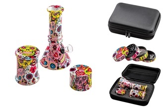 Dreamliner Set: Mini Glasbong H.15cm, Ø4cm+Grinder+Storage Skull bunt