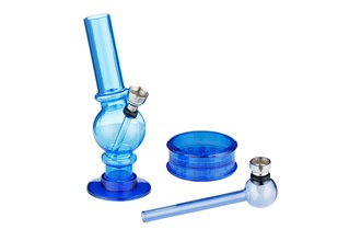 Super Heroes Set: Acrylbong H.15cm Ø1,8cm+Grinder 3tlg.+Glaspfeife Set blau