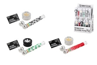 Dreamliner Set: Glaspfeife 9cm+Metallgrinder 2tlg. Ø2,5cm, H.1,5cm+Siebe, verschiedene Dekore