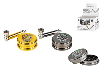 Dreamliner Set: Grinder 2tlg.+Pfeife Metall+Siebe Skull 2 Farben