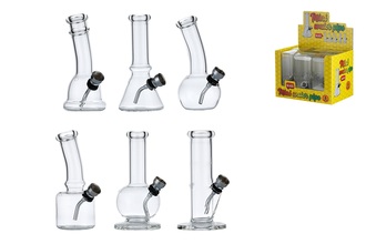 Dreamliner glass bong transp. 6 pieces, H.13cm, Ø2cm, metal chillum