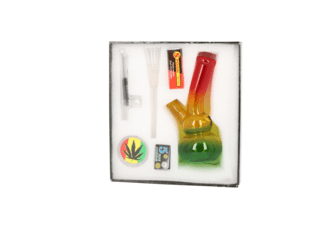 Super Heroes Set: Mini Glasbong H.16,5cm Rasta+Grinder 2tlg. Ø5cm+Glaspfeife 10cm+Siebe