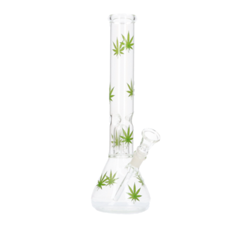 Glasbong Ice+Percolator konisch transp/Hanfblatt grün, H.30,5cm, Ø3,6cm, Glaschillum 14er Schliff