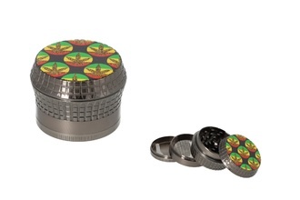 Super Heroes metal grinder 4pcs. hemp leaf colorful, Ø5,6cm, H.4,2cm