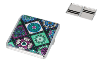 Angelo Zigaretten Etui 20er, 85mm, Metall/florales Muster blau, Gummi