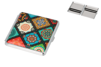 Angelo Zigaretten Etui 20er, 85mm, Metall/florales Muster gelb/grün, Gummi
