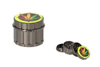 Super Heroes metal grinder 4pcs. hemp leaf colorful, Ø5,3cm, H.4,4cm