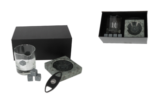 Zigarren Geschenk Set Nr.1, Granitaschenbecher, Abschneider, Whiskeyglas u. 4 Granit Cubes