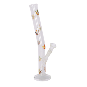 Super Heroes Glasbong gebogen, transparent/Hanfblatt bunt, H.33cm, Ø3cm, Glaschillum 14er Schliff