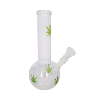 Super Heroes Glasbong Kugel, transparent/Hanfblatt grün, H.23cm, Ø4cm, Glaschillum 14er Schliff