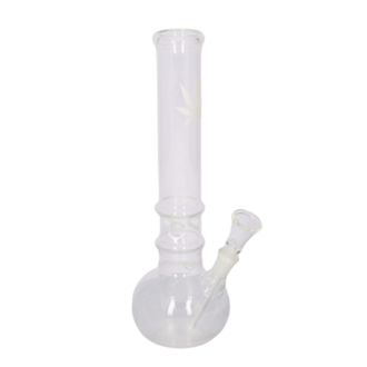 Super Heroes Glasbong Ice Kugel, transparent/Hanfblatt weiß, H.29cm, Ø4cm, Glaschillum 14er Schliff