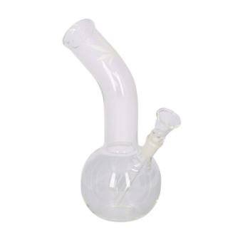 Super Heroes Glasbong Kugel gebogen, transp/Hanfblatt weiß, H.23cm, Ø3,7cm, Glaschillum 14er Schliff