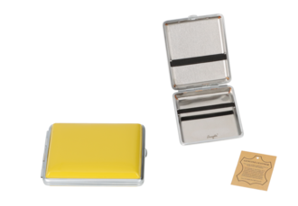 Angelo Zigaretten Etui 18er, 85mm, Metall/Lackleder gelb, Gummi